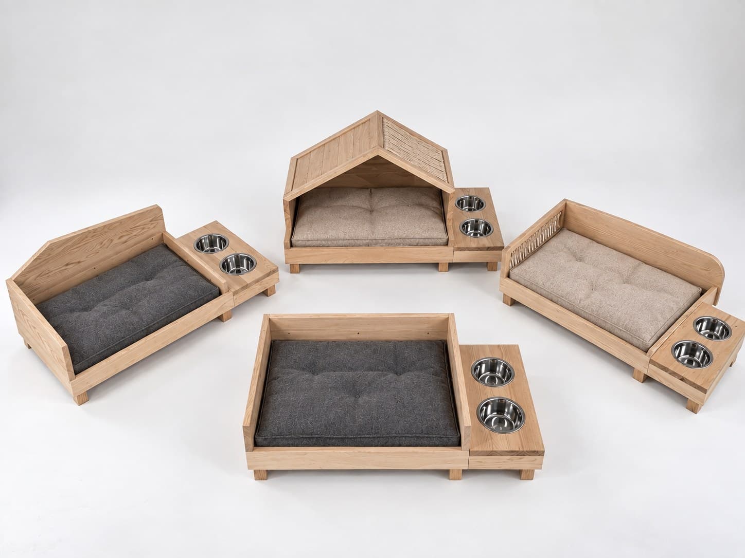 Four wooden Stellia dog beds with mattresses and bowl modules