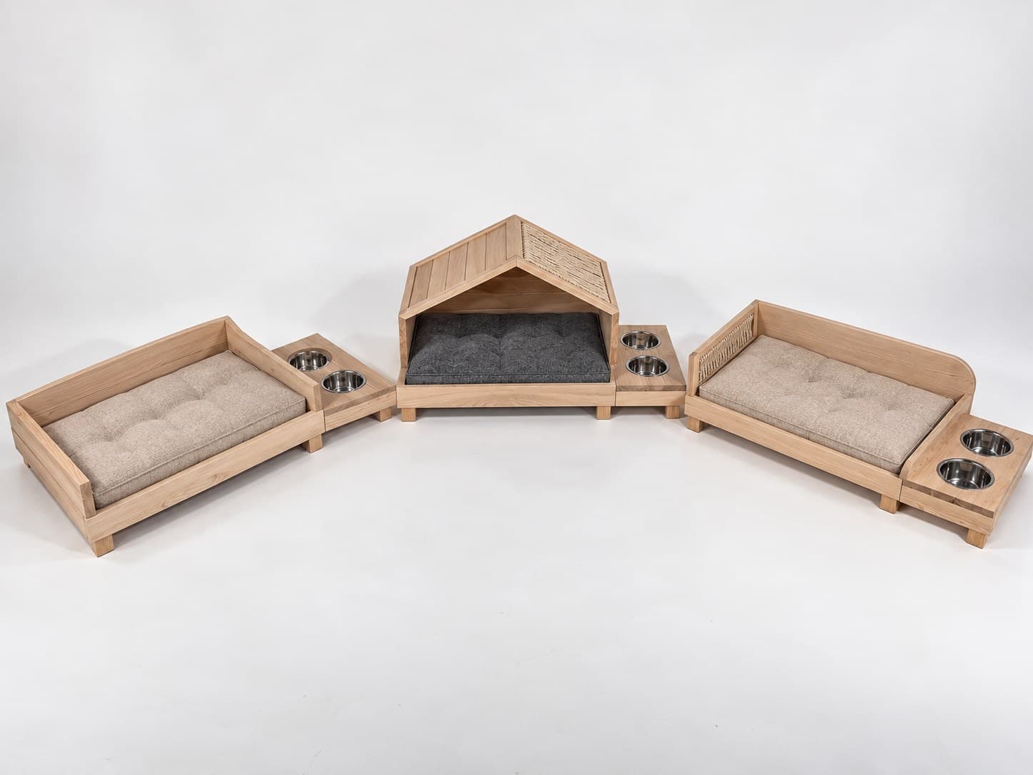Three wooden Stellia dog beds: Lilly, Mia and Akira with bowl modules
